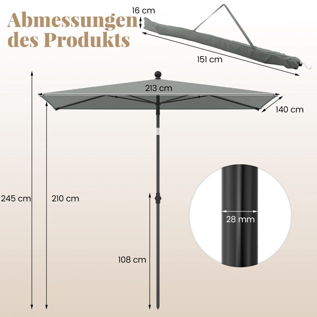 Rechteckiger Balkonschirm, 210x140 cm, Grau, Verstellbar