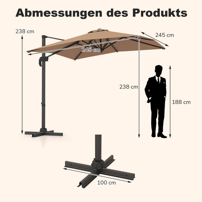 Rechteckiger Ampelschirm 250x250 cm mit Kurbel, Braun