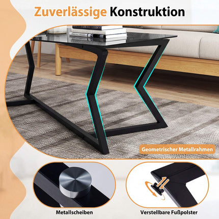 Table basse rectangulaire avec plateau en verre trempé et structure en métal