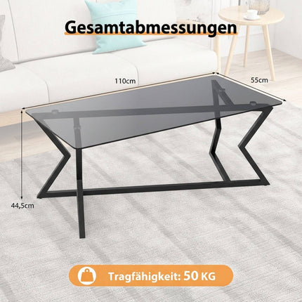 Table basse rectangulaire avec plateau en verre trempé et structure en métal
