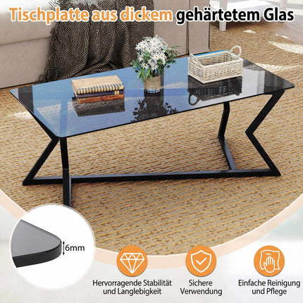 Table basse rectangulaire avec plateau en verre trempé et structure en métal