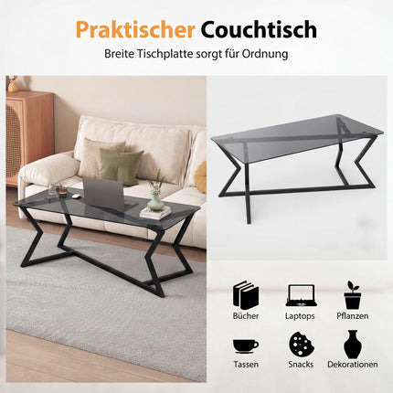 Table basse rectangulaire avec plateau en verre trempé et structure en métal