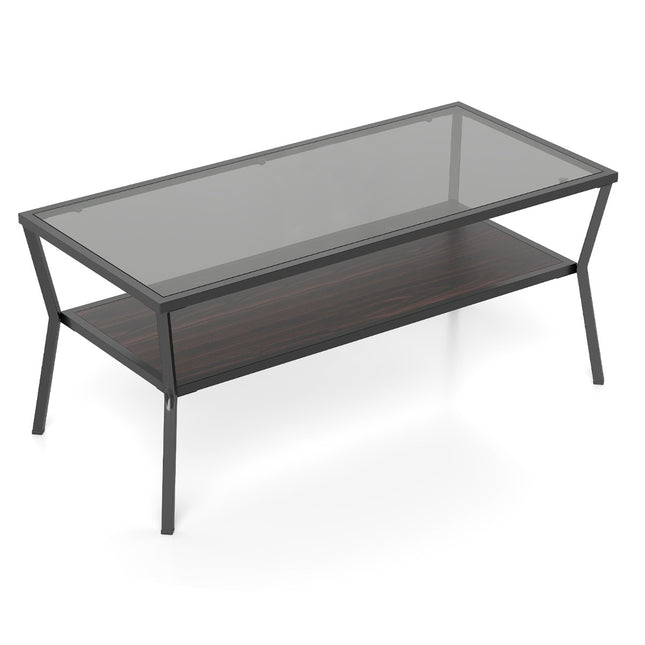 Rechteckiger Couchtisch aus Glas mit Metallgestell, 2-stöckiger Ablage