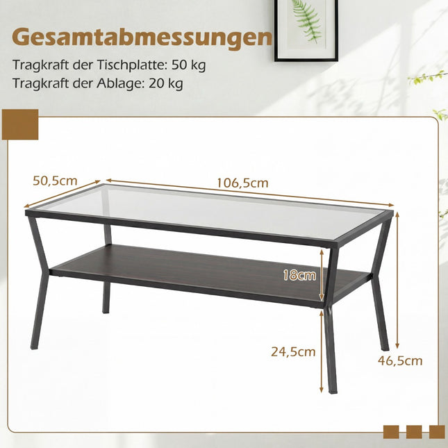 Rechteckiger Couchtisch aus Glas mit Metallgestell, 2-stöckiger Ablage
