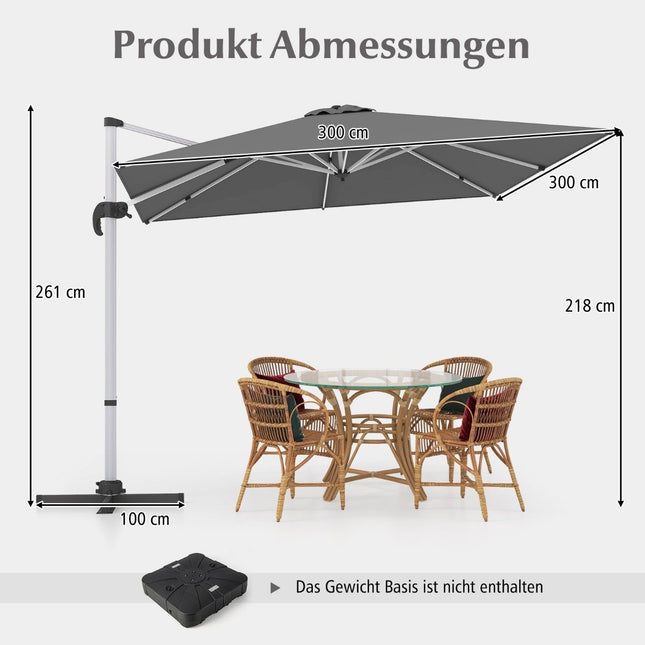 Rechteckiger Terrassenschirm, 300x300 cm, Grau, Kurbel