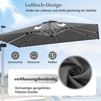 Parasol de terrasse rectangulaire, 300 x 300 cm, gris, manivelle