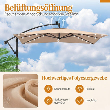 Parasol rectangulaire de terrasse avec pied, éclairage LED et rotation à 360°
