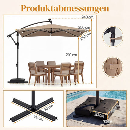 Parasol rectangulaire de terrasse avec pied, éclairage LED et rotation à 360°