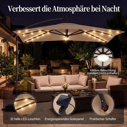 Parasol rectangulaire de terrasse avec pied, éclairage LED et rotation à 360°