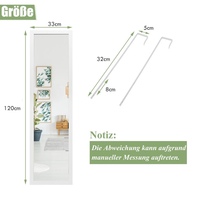 Rechteckiger Ganzkörperspiegel mit Aufhängehaken für die Tür 33x119cm weiß