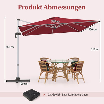 Sonnenschirm rechteckig 300 x 300 cm großer Ampelschirm mit Kurbel Weinrot