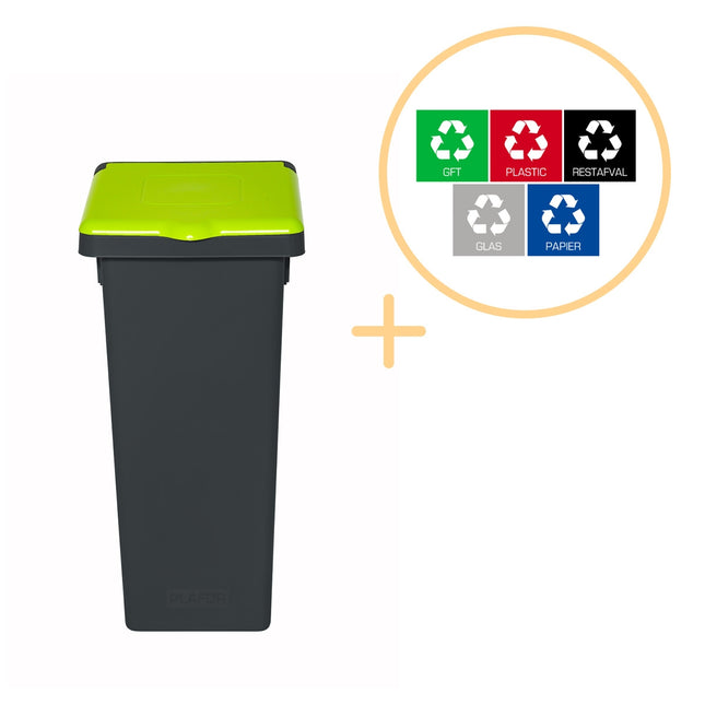 Poubelle de recyclage avec couvercle, 75 L, verte, en plastique