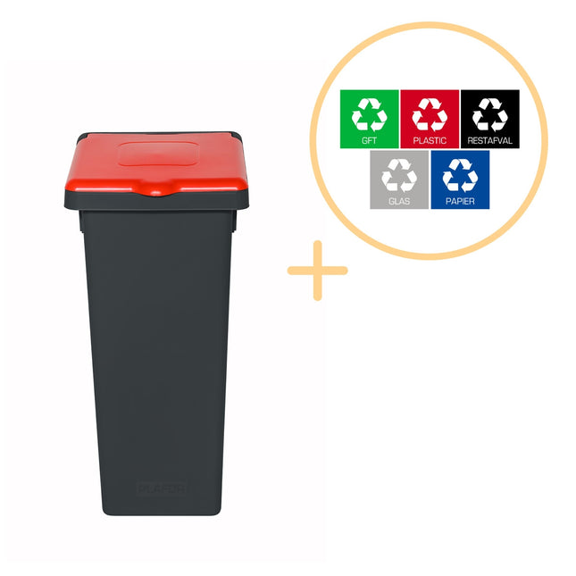 Poubelle de recyclage avec couvercle, 75 L - Rouge, Plastique