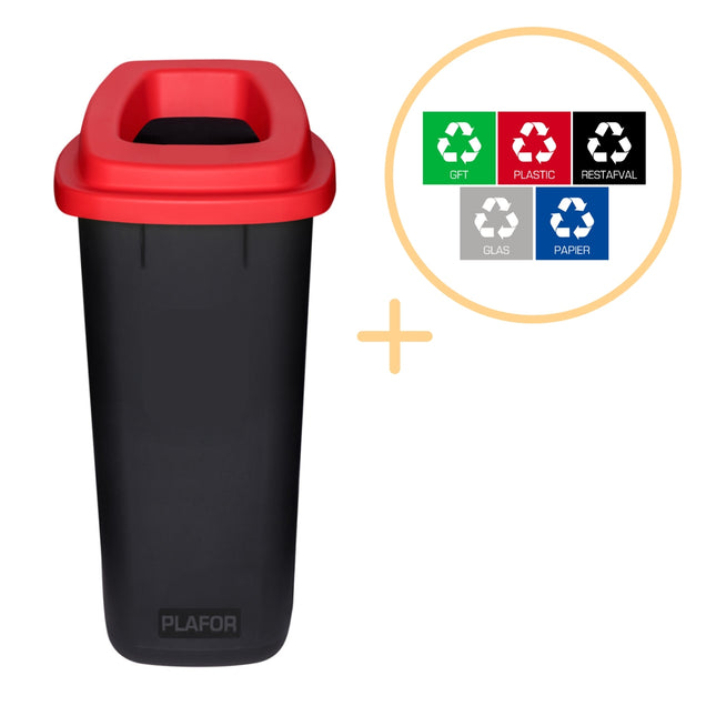 Poubelle de recyclage, 90 L, couvercle rouge, plastique