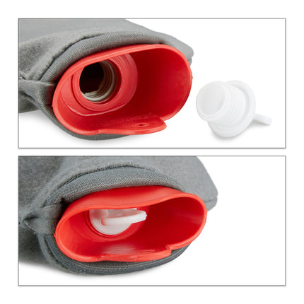 Bouillotte rouge avec housse grise