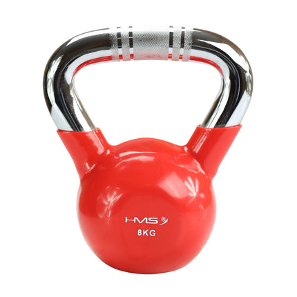 Kettlebell en fonte recouverte de vinyle rouge, poignée chromée