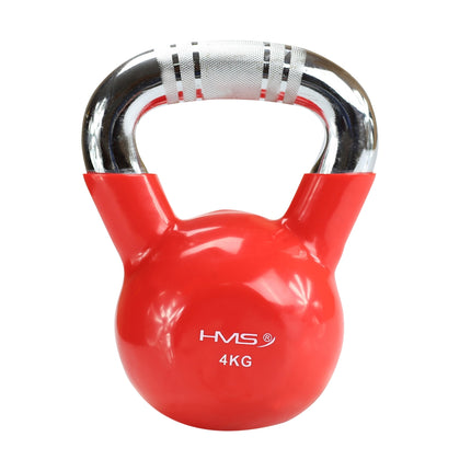 Kettlebell en fonte recouverte de vinyle rouge, poignée chromée