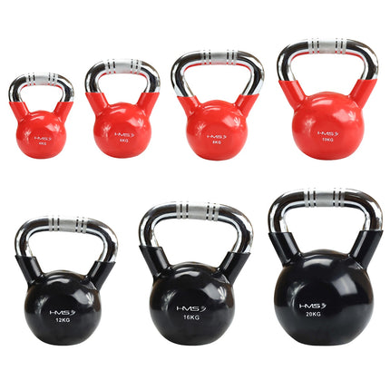 Kettlebell en fonte recouverte de vinyle rouge, poignée chromée