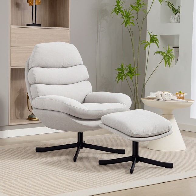 Fauteuil Relax avec repose-pieds, tissu chenille, crème, pivotant à 360°