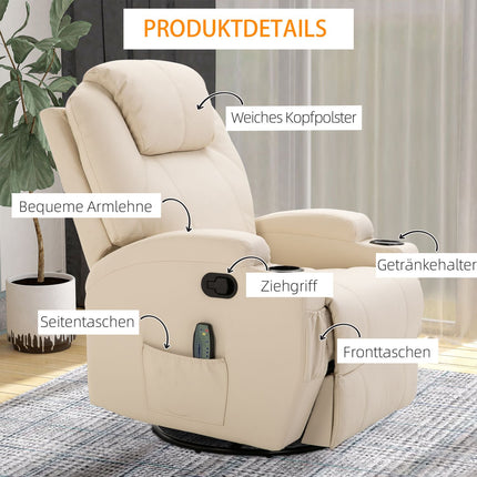 Elektrischer Relax-Massagesessel, 5 Positionen, cremeweißes Leder