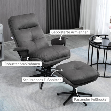 Fauteuil De Relaxation Avec Tabouret, Fauteuil Tv Avec Base Pivotante, Fauteuil Tv Avec Fonction Inclinable, Capacité De Charge Jusqu'À 150 Kg, Polyester, Acier, Gris Foncé