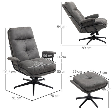 Fauteuil De Relaxation Avec Tabouret, Fauteuil Tv Avec Base Pivotante, Fauteuil Tv Avec Fonction Inclinable, Capacité De Charge Jusqu'À 150 Kg, Polyester, Acier, Gris Foncé