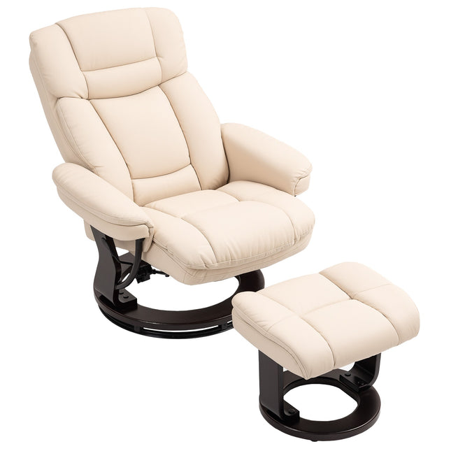 Fauteuil de relaxation avec tabouret, fauteuil TV rotatif à 360° avec fonction inclinable, fauteuil TV avec ressorts ensachés pour salon, simili cuir, blanc crème Aosom