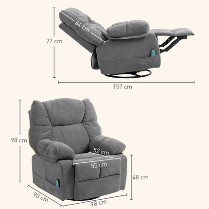 Fauteuil relax avec fonction massage, fonction inclinable, fauteuil de massage rotatif, 4 poches latérales et télécommande, gris foncé