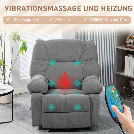 Fauteuil relax avec fonction massage, fonction inclinable, fauteuil de massage rotatif, 4 poches latérales et télécommande, gris foncé