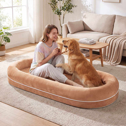 Lit amovible pour humain/chien avec couverture en peluche – Marron