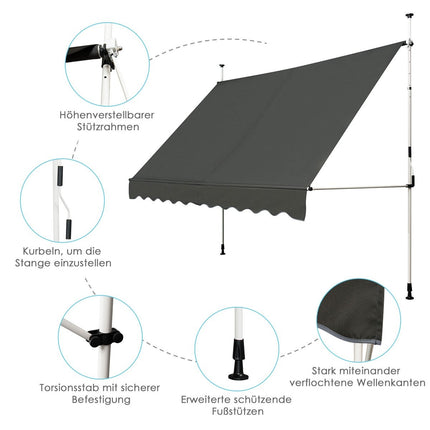 Store banne rétractable, résistant aux UV, réglable, 300 x 120 cm, gris