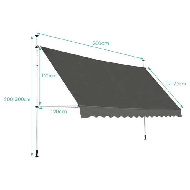 Store banne rétractable pour balcon, 200 cm de large, résistant aux UV, gris