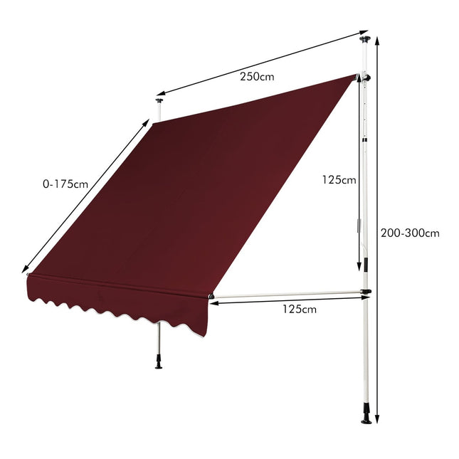 Store banne rétractable pour balcon, 250 cm, résistant aux UV, rouge