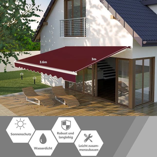Store de terrasse rétractable en aluminium, 3,6 m x 3 m, bordeaux