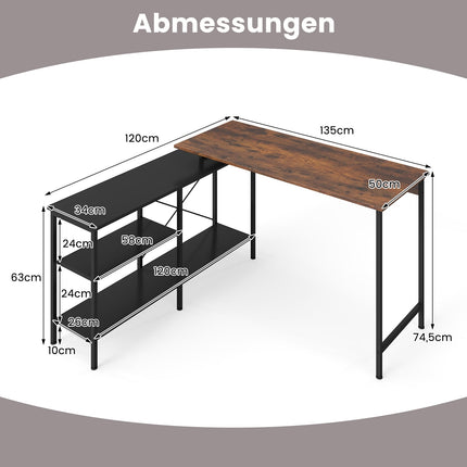 Umbaubarer L-förmiger Schreibtisch mit Regalen, Rustikales Braun
