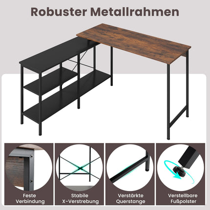 Umbaubarer L-förmiger Schreibtisch mit Regalen, Rustikales Braun