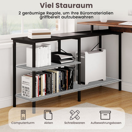 Umbaubarer L-förmiger Schreibtisch mit Regalen, Rustikales Braun
