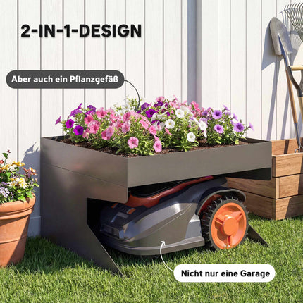Garage pour tondeuse robotisée avec jardinière, en acier galvanisé