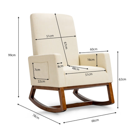 Fauteuil à bascule, base en bois d'hévéa, poche latérale, beige