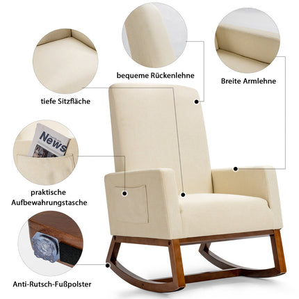 Fauteuil à bascule, base en bois d'hévéa, poche latérale, beige