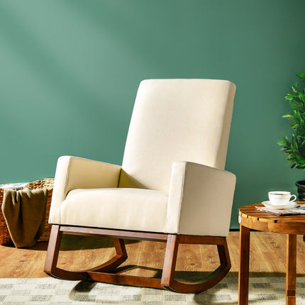 Fauteuil à bascule, base en bois d'hévéa, poche latérale, beige