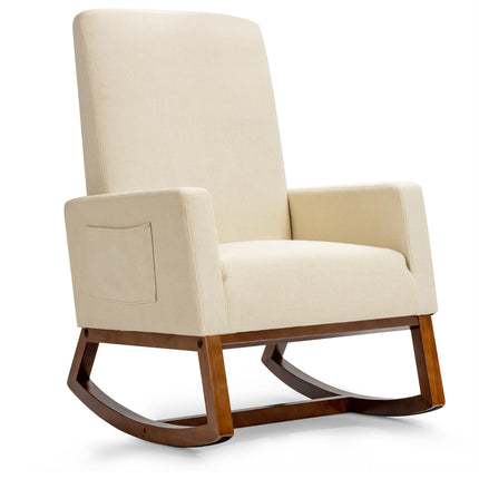 Fauteuil à bascule, base en bois d'hévéa, poche latérale, beige