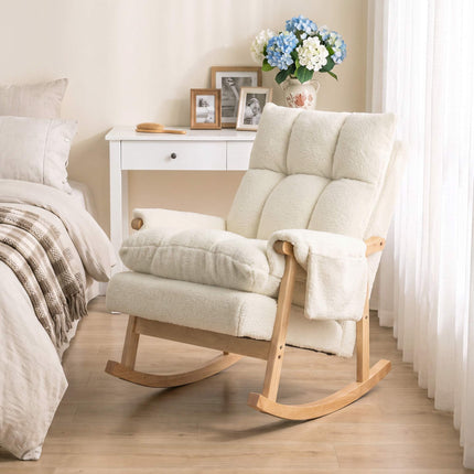 Rocking Chair with 2 Side Pockets and Rubberwood Legs, Cream White, Snow Flannel