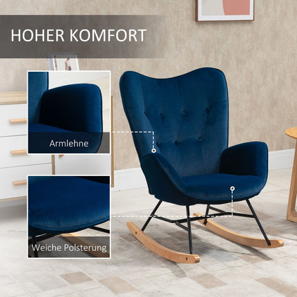 Blauer Samt-Schaukelstuhl mit Armlehnen und hohem Komfortpolster