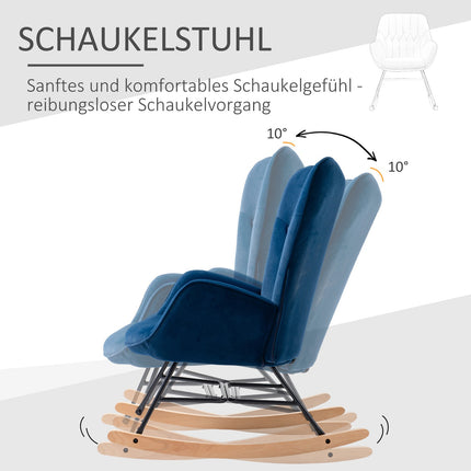 Blauer Samt-Schaukelstuhl mit Armlehnen und hohem Komfortpolster