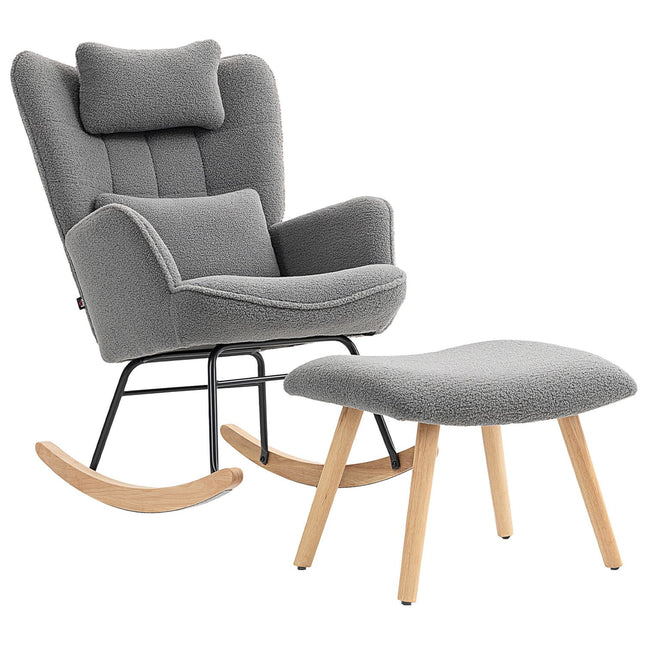 Fauteuil à bascule avec pouf, revêtement polaire, pieds en bois, gris foncé