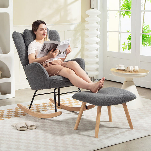 Fauteuil à bascule avec pouf, revêtement polaire, pieds en bois, gris foncé