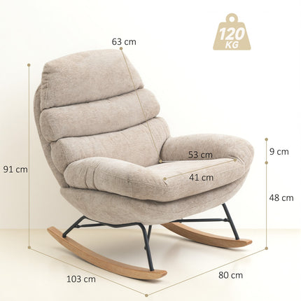 Fauteuil à bascule avec pieds en acier et base en bois, blanc crème