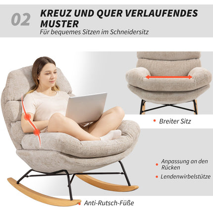Fauteuil à bascule avec pieds en acier et base en bois, blanc crème