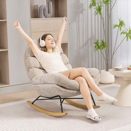 Fauteuil à bascule avec pieds en acier et base en bois, blanc crème